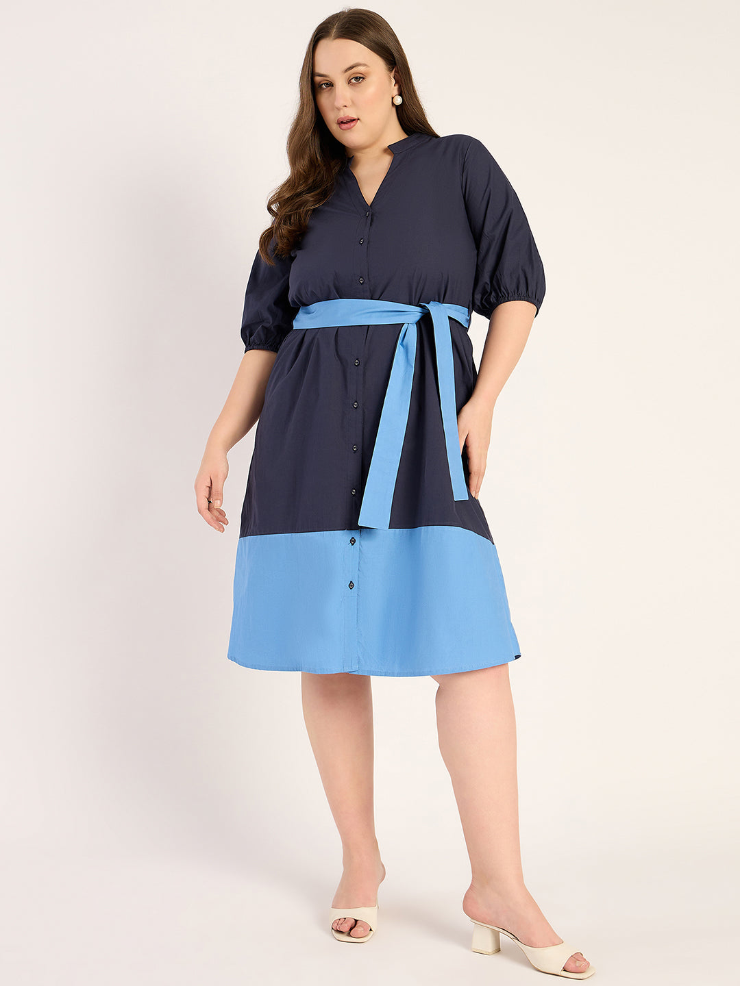 Navy Button Down Colorblock Midi Dress