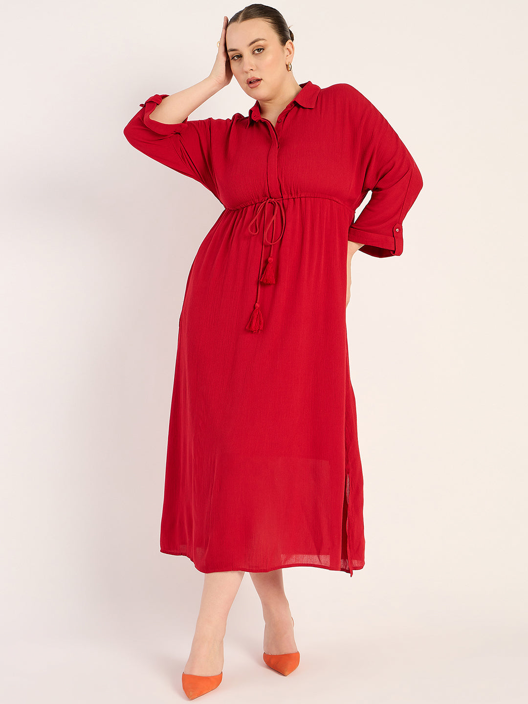 Cranberry Crinkled Shirt Maxi Dress