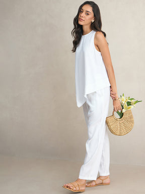 White Asymmetrical Linen Blend Top