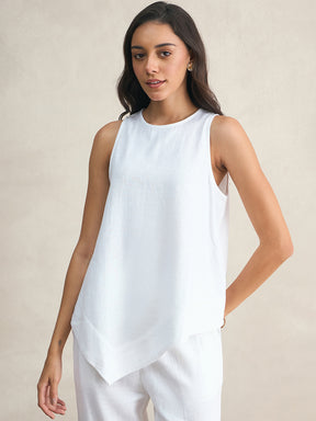 White Asymmetrical Linen Blend Top