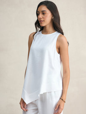 White Asymmetrical Linen Blend Top