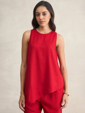 Red Asymmetrical Linen Blend Top