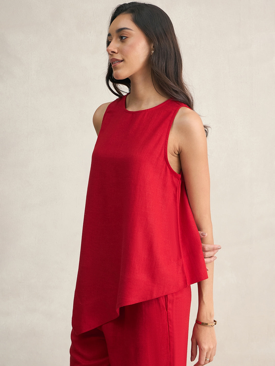 Red Asymmetrical Linen Blend Top