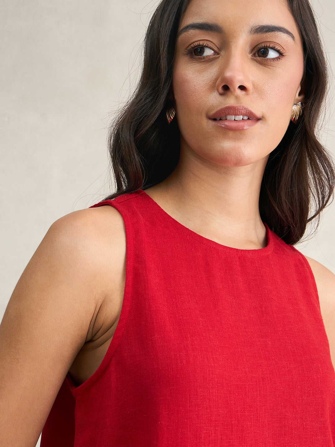 Red Asymmetrical Linen Blend Top