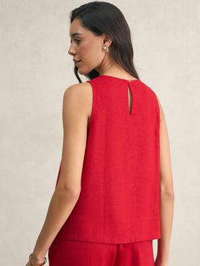 Red Asymmetrical Linen Blend Top