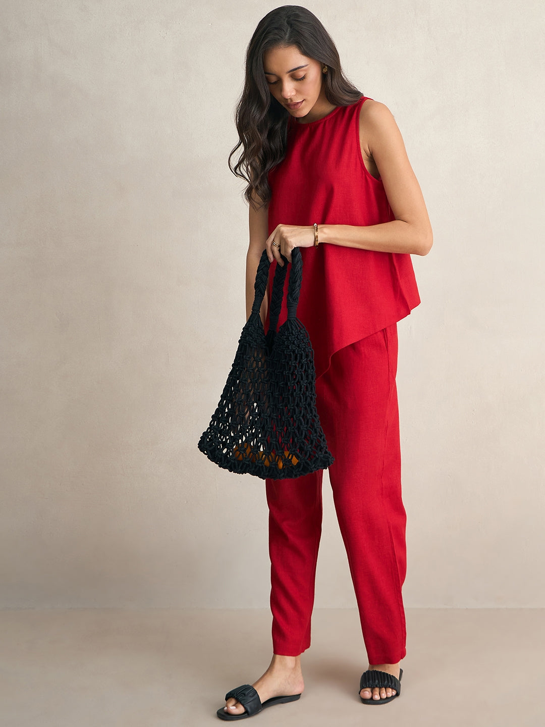 Linen Blend Red Asymmetrical Top