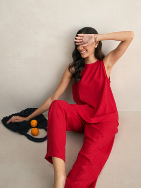 Red Asymmetrical Linen Blend Top