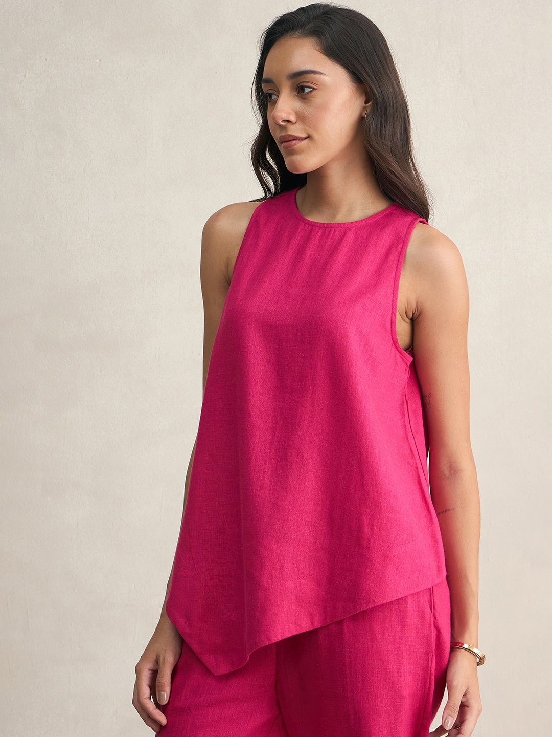 Pink Asymmetrical Linen Blend Top