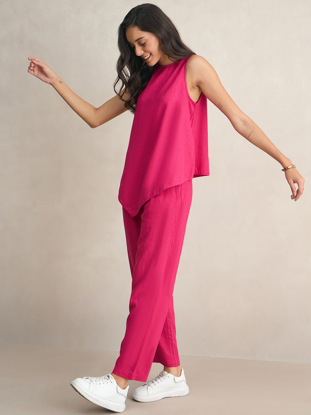 Pink Asymmetrical Linen Blend Top