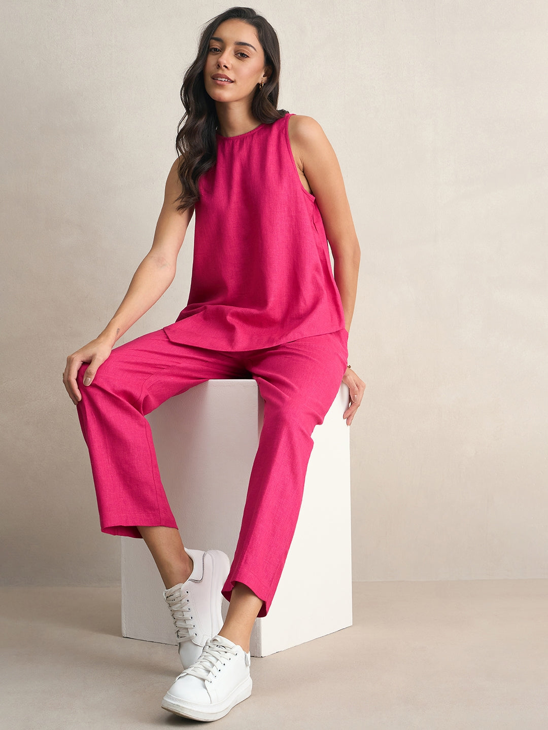 Pink Asymmetrical Linen Blend Top