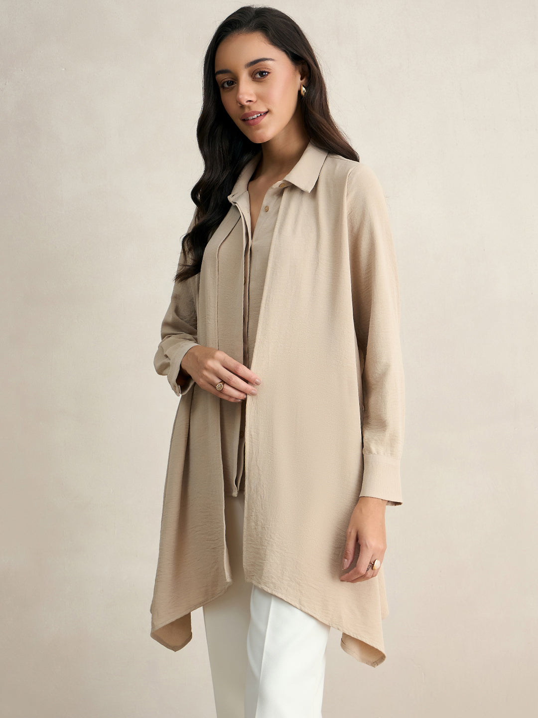 Beige Asymmetric Button Down Shirt