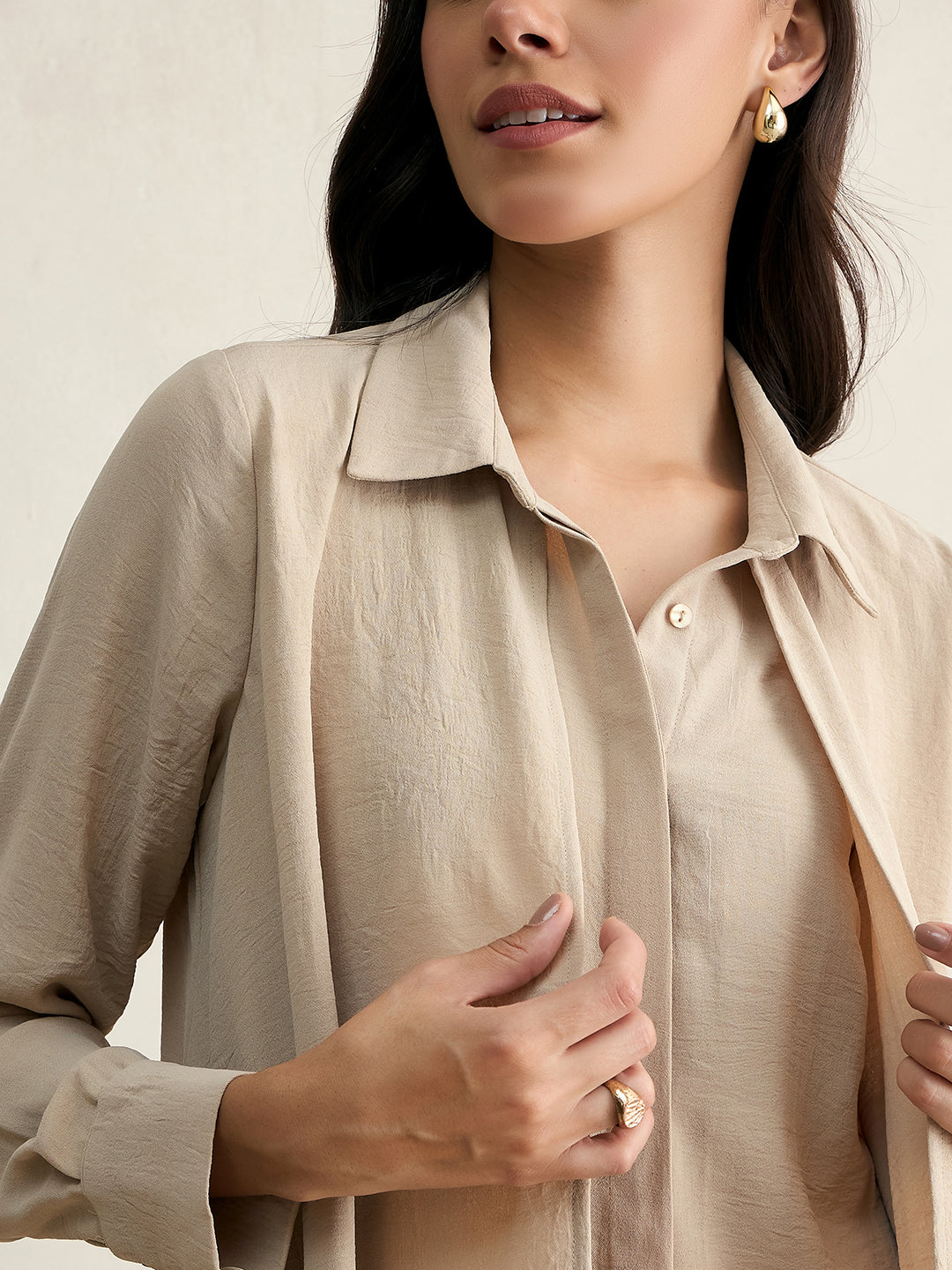 Beige Asymmetric Button Down Shirt