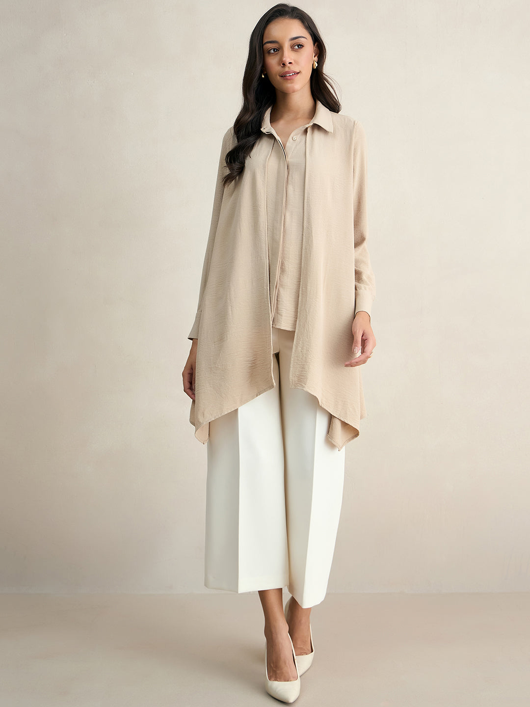 Beige Asymmetric Button Down Shirt