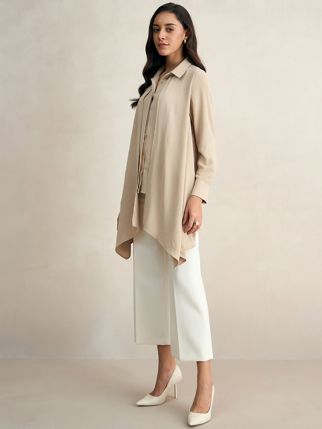 Beige Asymmetric Button Down Shirt