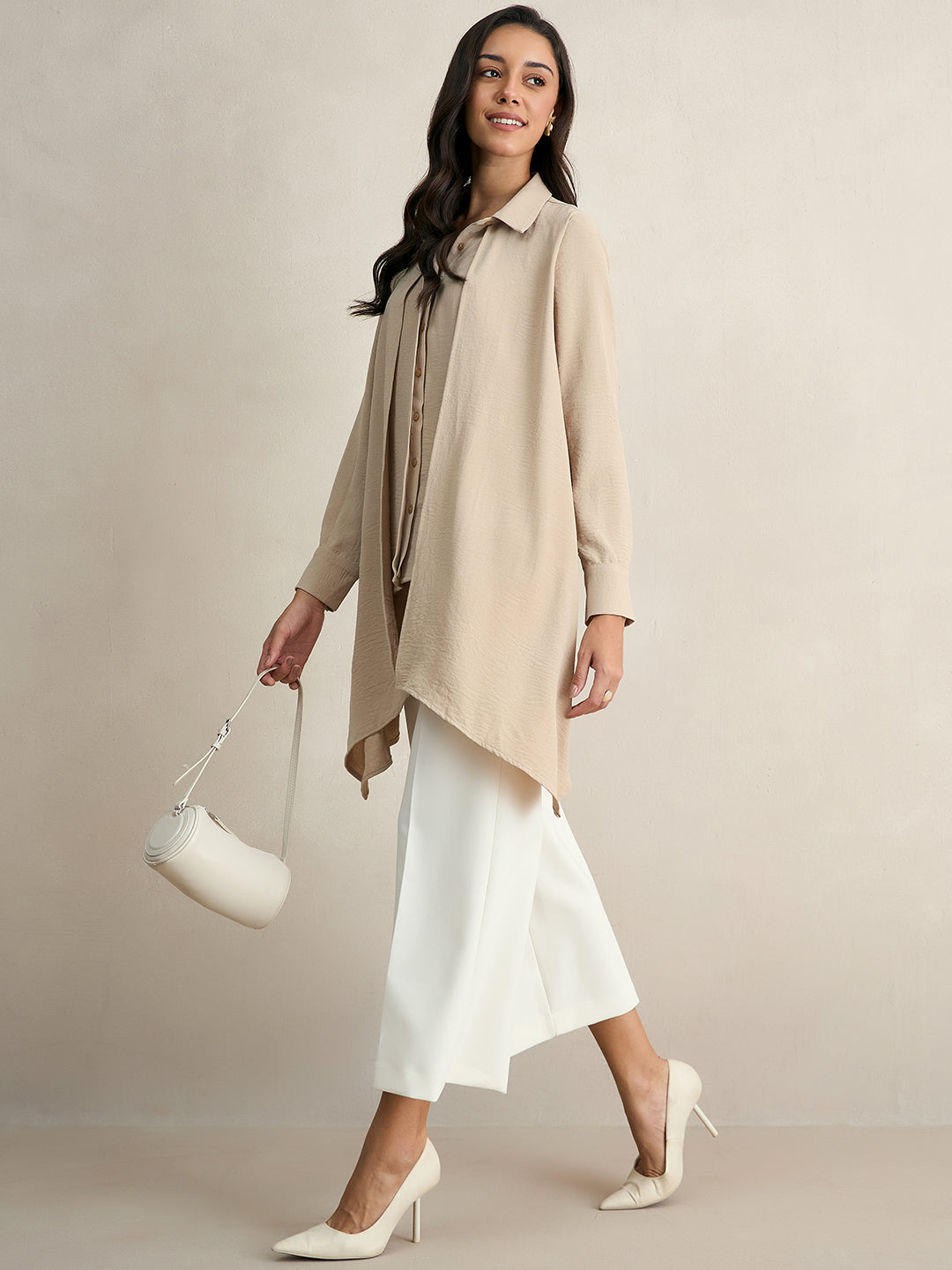 Beige Asymmetric Button Down Shirt