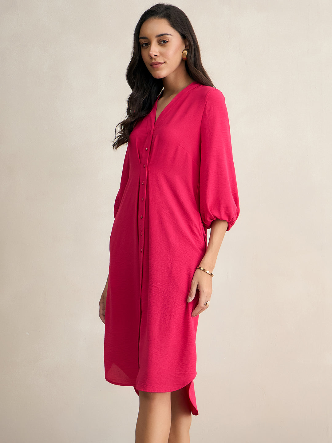 Hot Pink Button Down Midi Dress