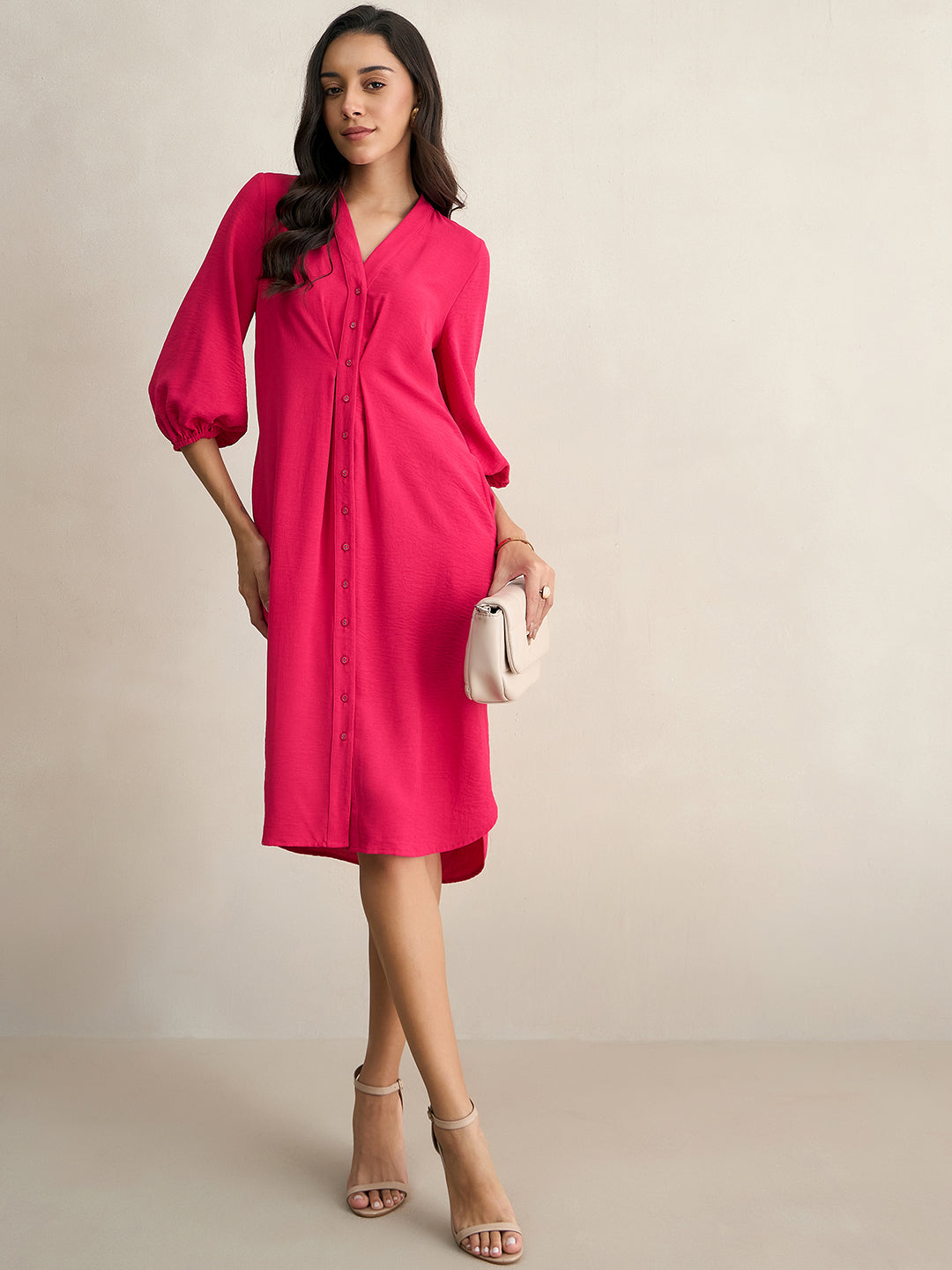 Hot Pink Button Down Midi Dress