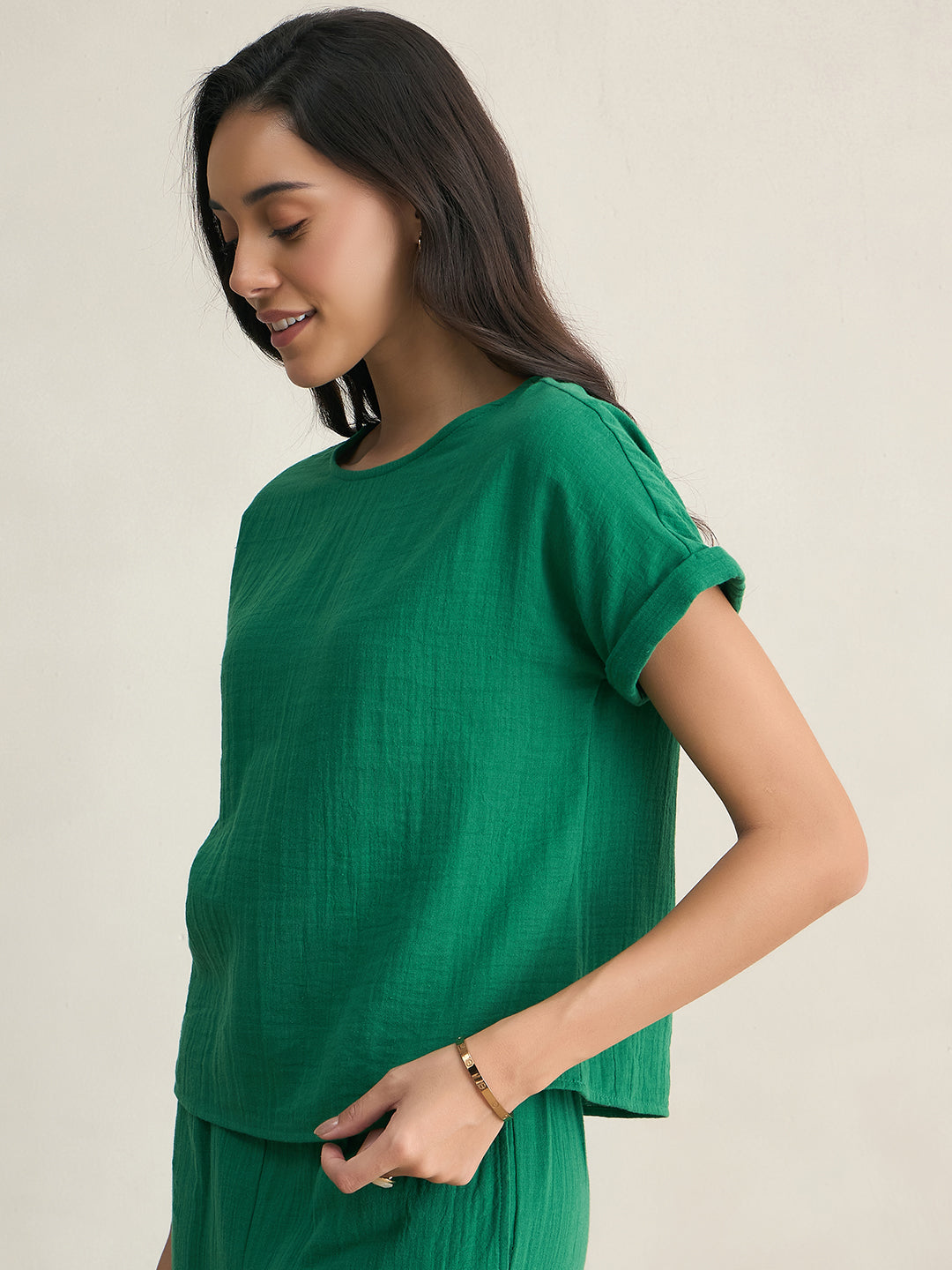 Green Cotton Round Neck Top With Straight Pant