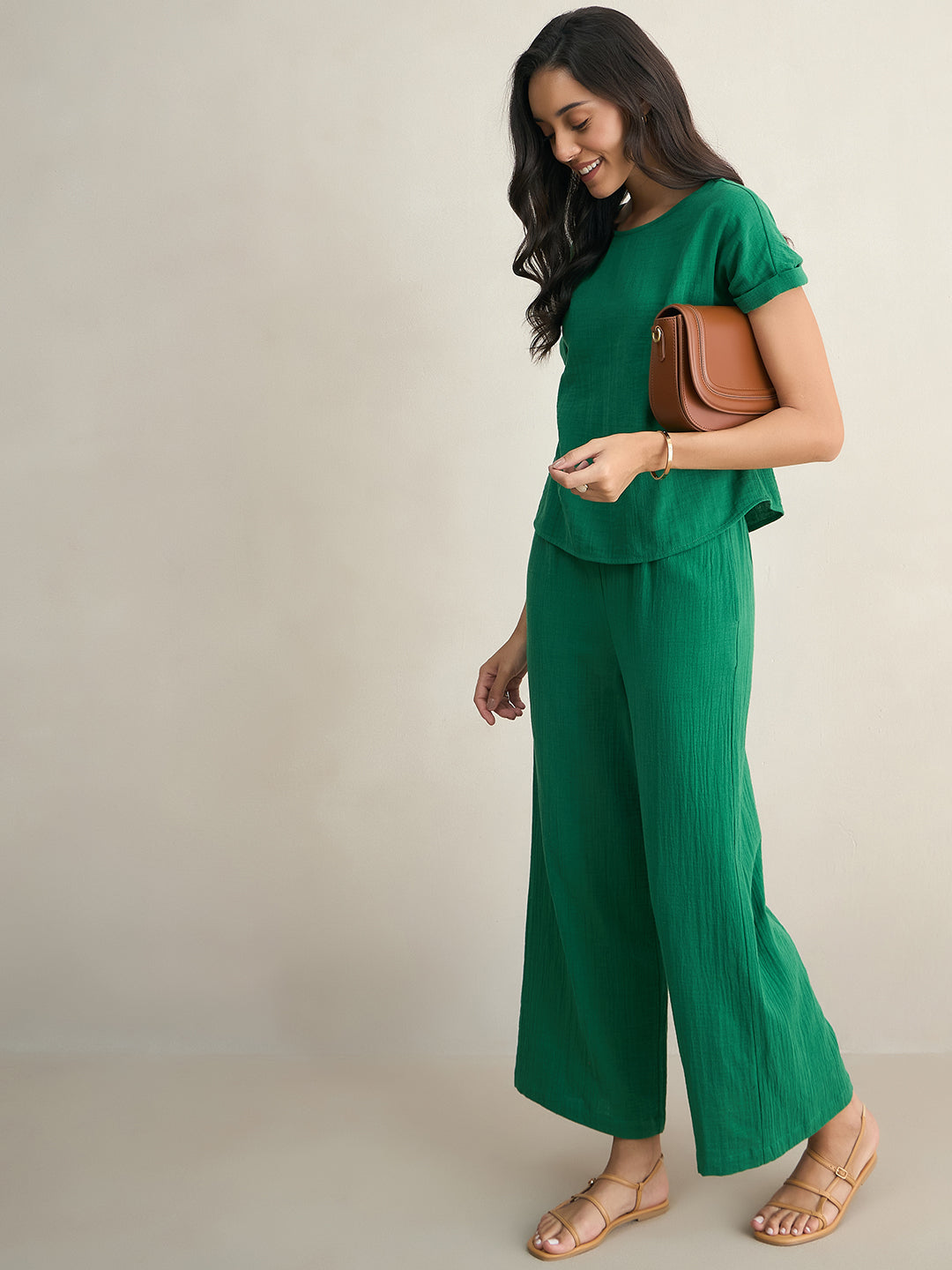 Green Cotton Round Neck Top With Straight Pant