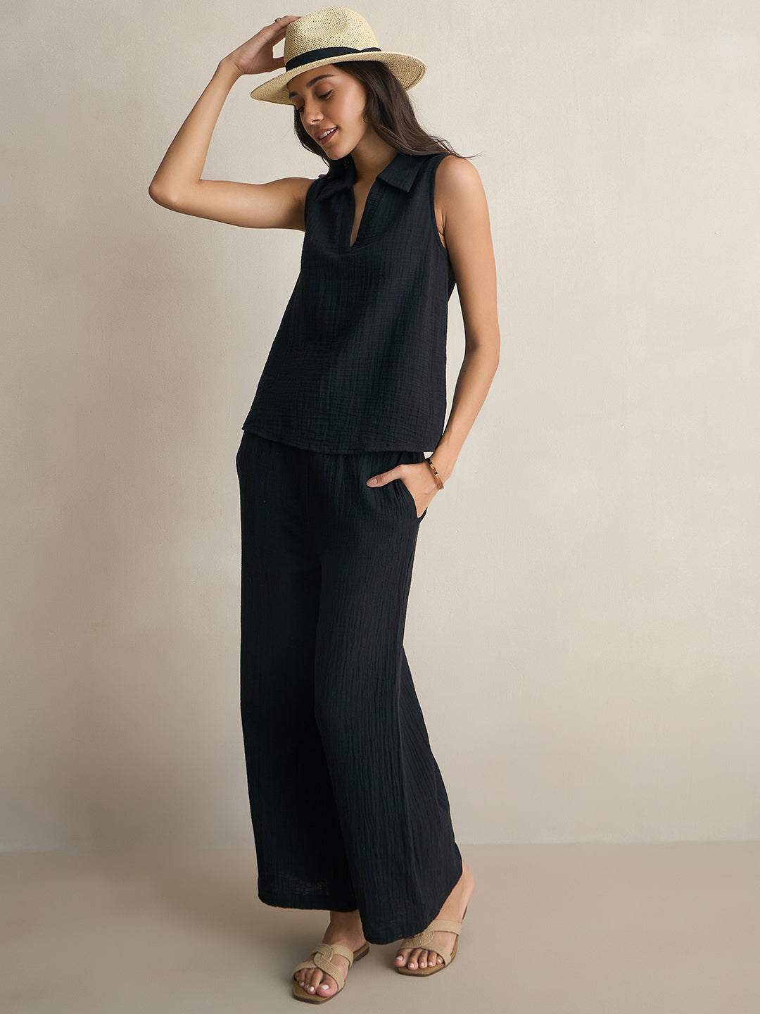 Black Cotton Sleeveless Top With Straight Pant