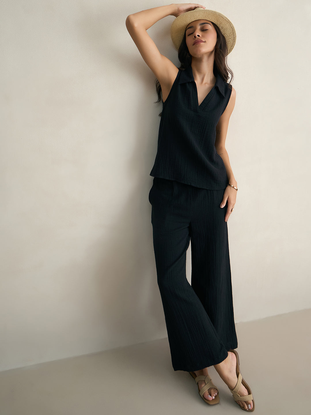 Black Cotton Sleeveless Top With Straight Pant