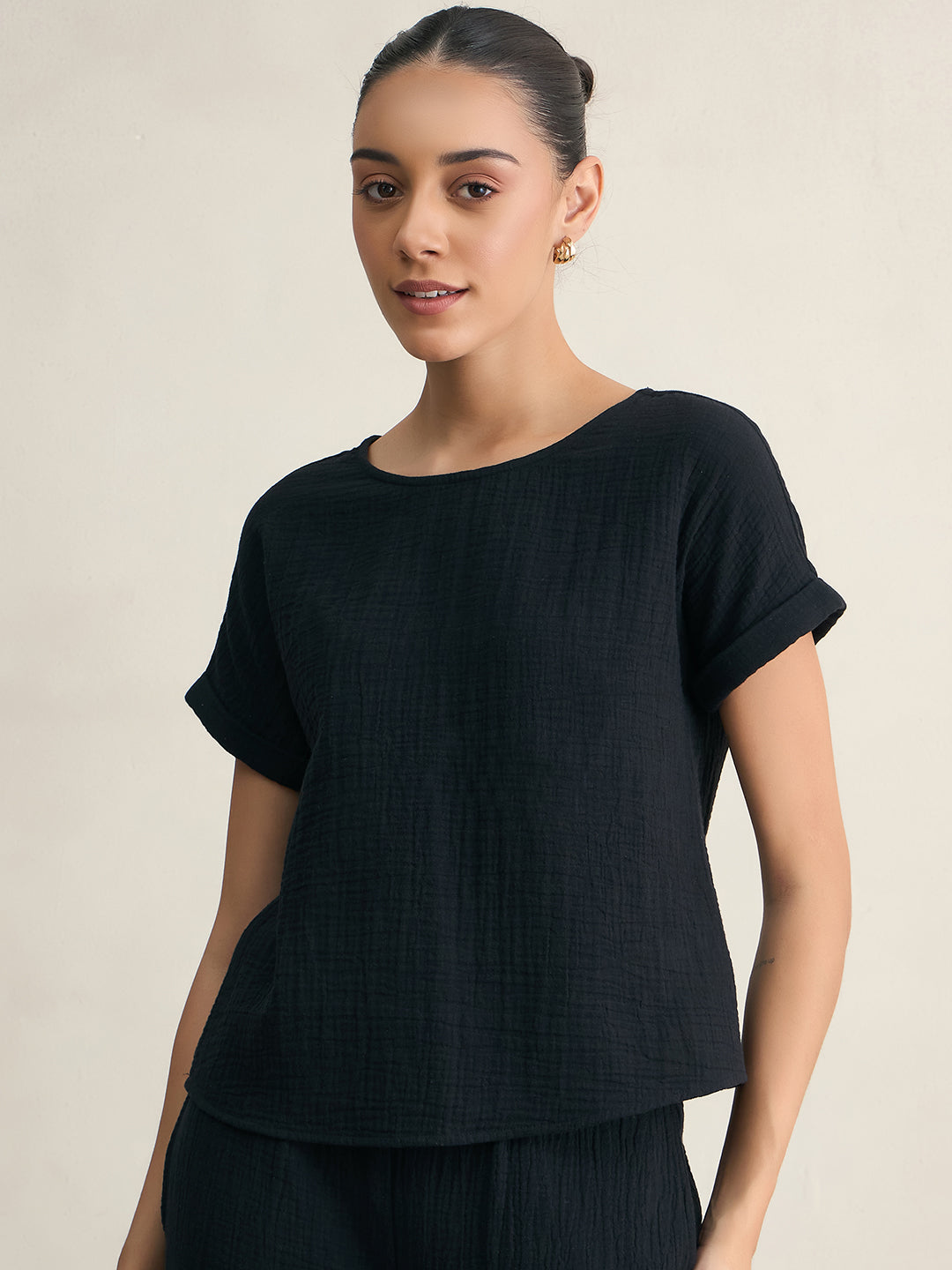 Black Cotton Round Neck Top With Straight Pant