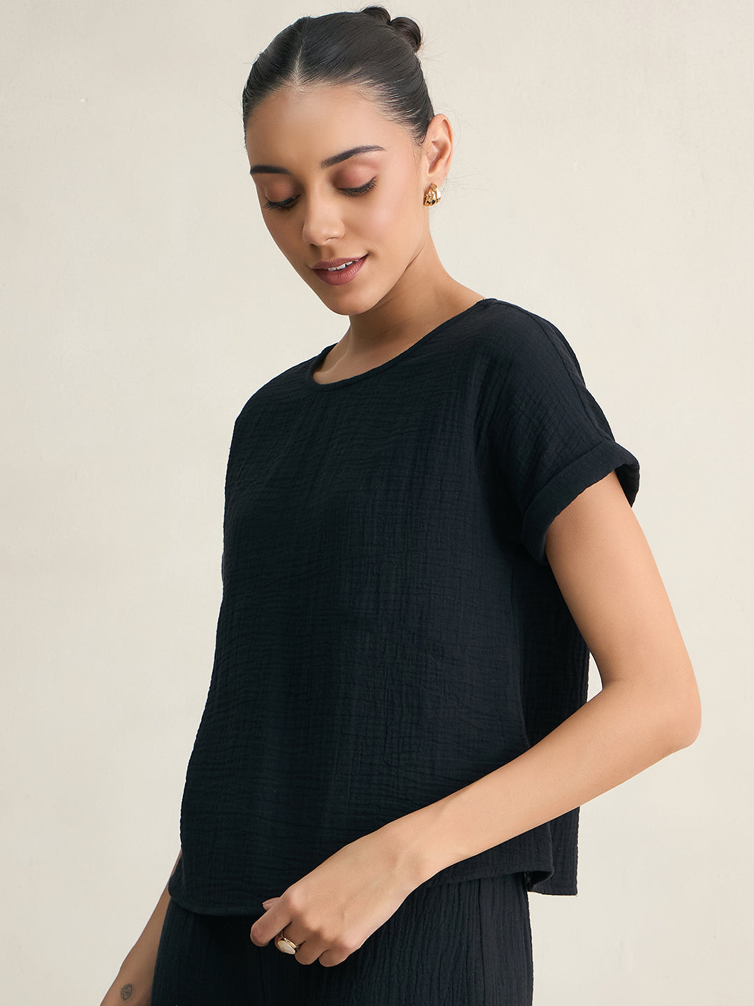 Black Cotton Round Neck Top With Straight Pant