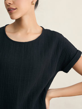 Black Cotton Round Neck Top With Straight Pant