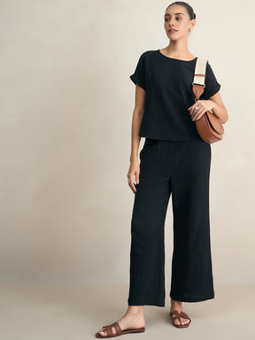 Black Cotton Round Neck Top With Straight Pant