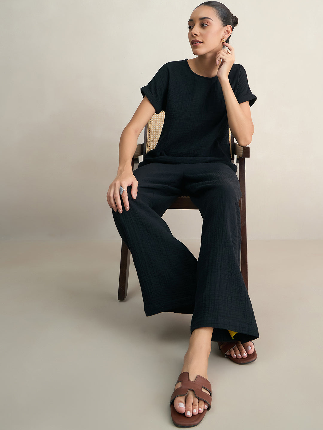 Black Cotton Round Neck Top With Straight Pant