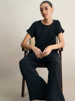 Black Cotton Round Neck Top With Straight Pant