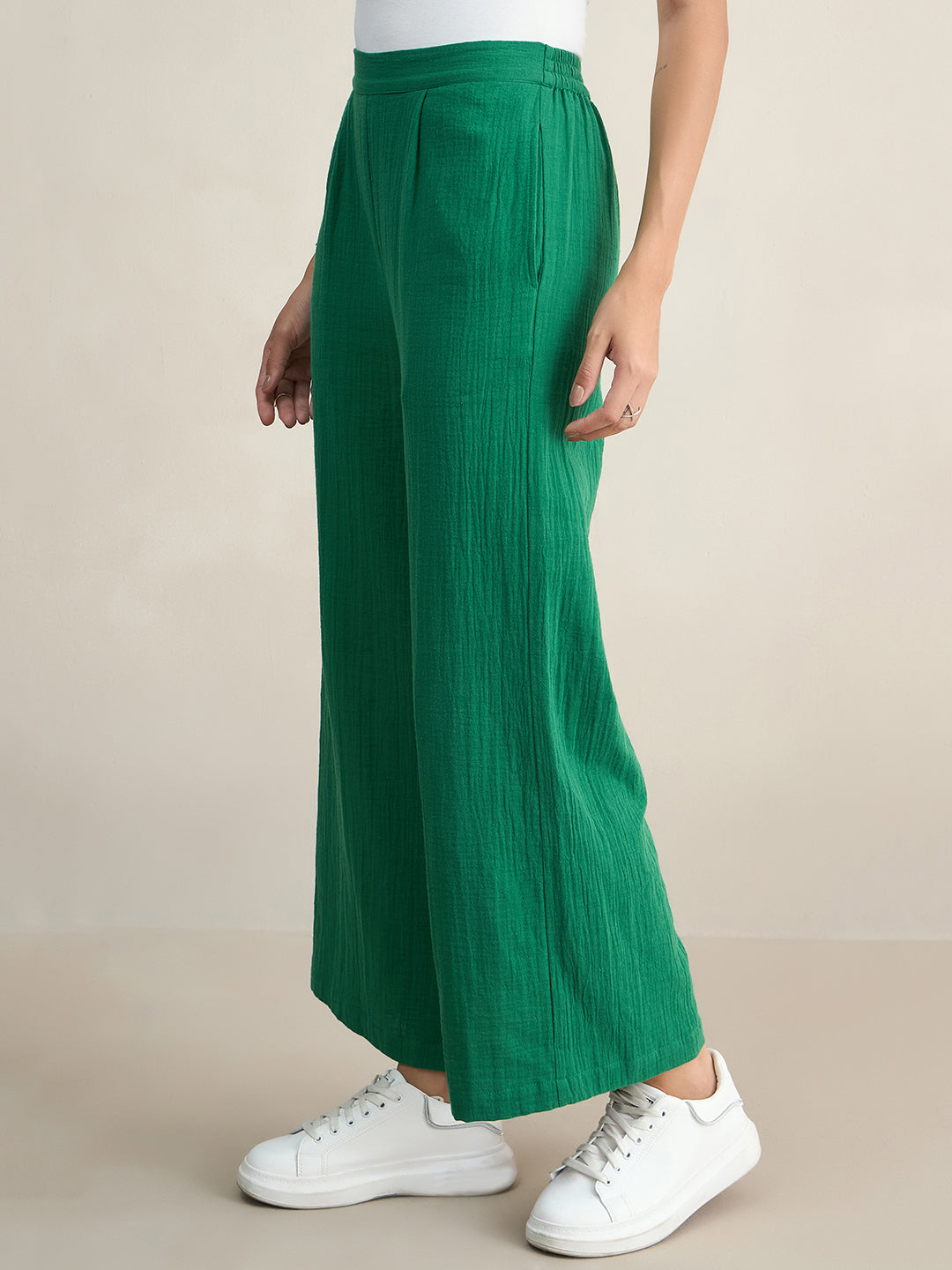 Green Cotton Sleeveless Top With Straight Pant