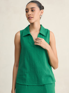 Green Cotton Sleeveless Top With Straight Pant