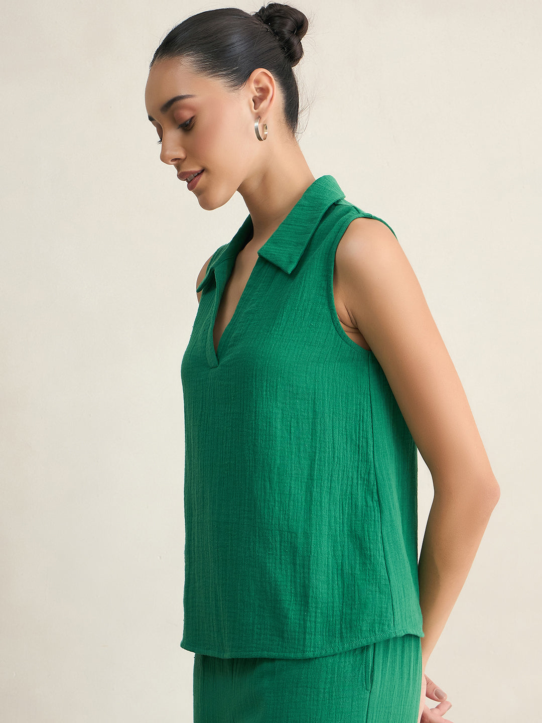 Green Cotton Sleeveless Top With Straight Pant