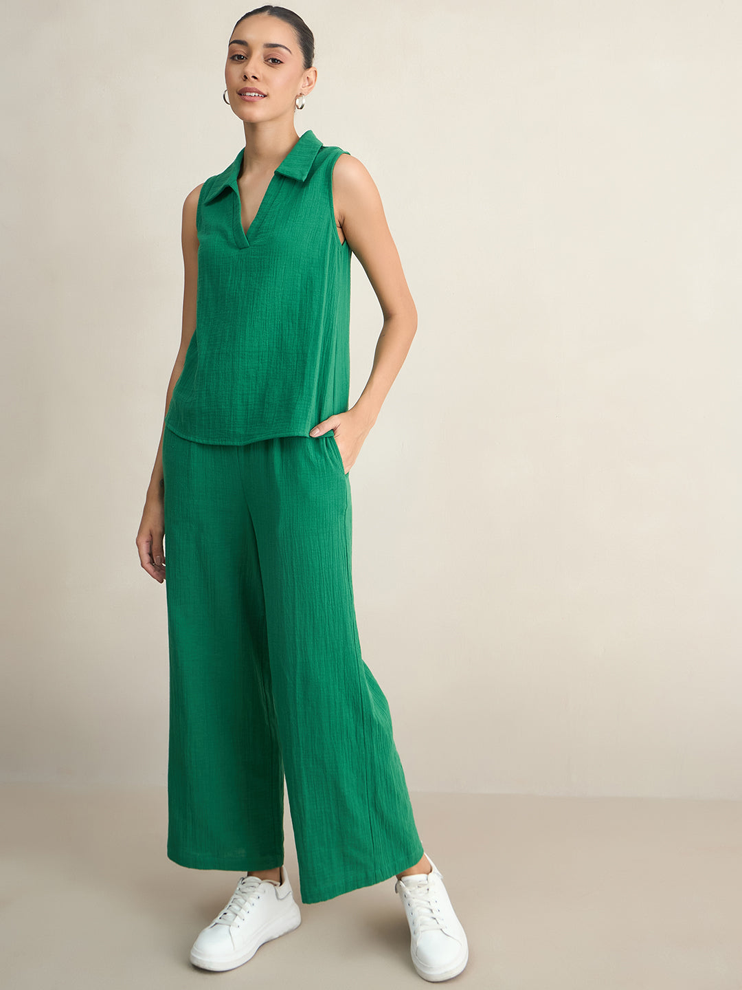 Green Cotton Sleeveless Top With Straight Pant