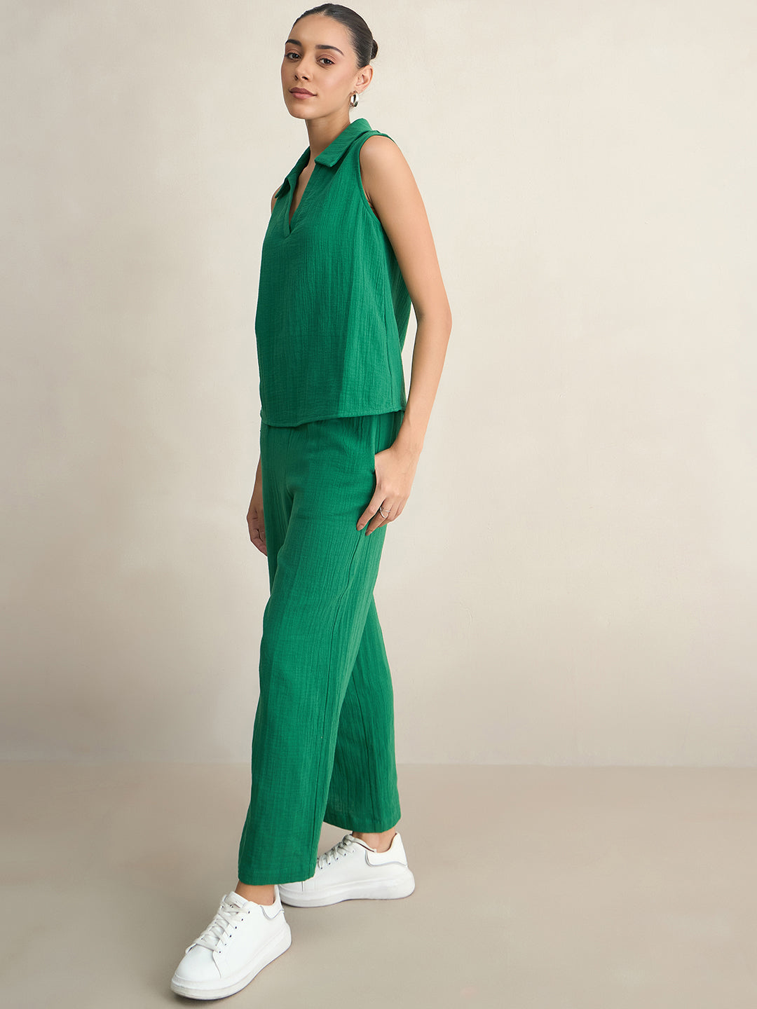 Green Cotton Sleeveless Top With Straight Pant