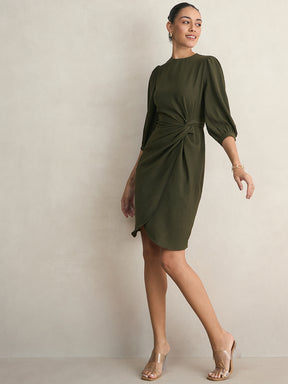 Olive Knotted Knee Length Dress