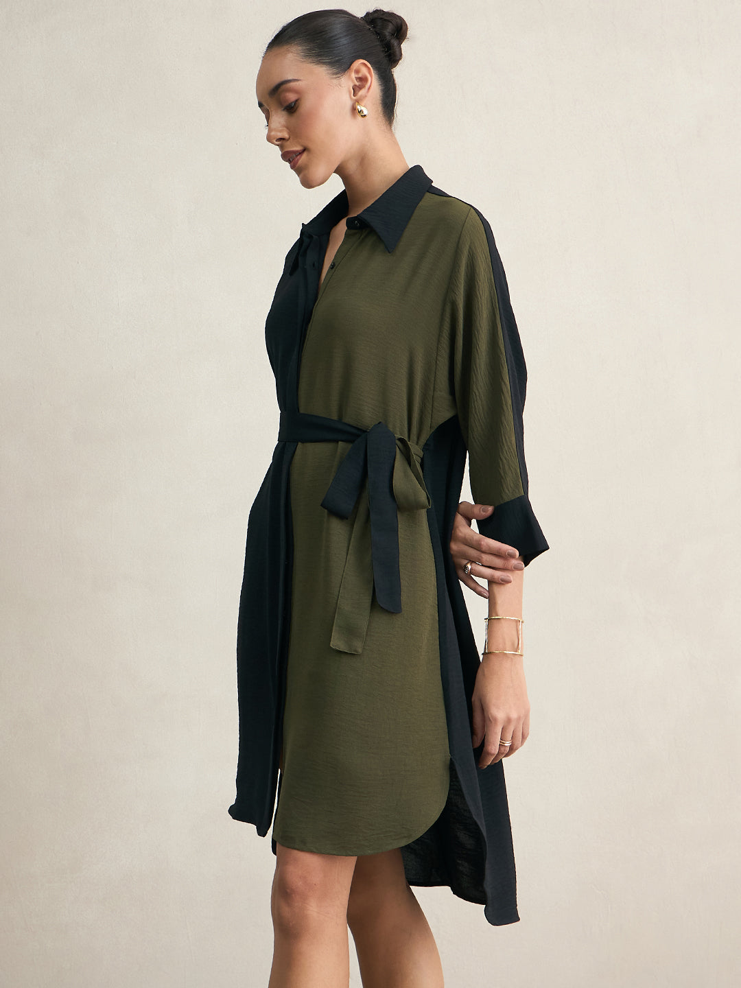 Black And Olive Button Down Midi Dress