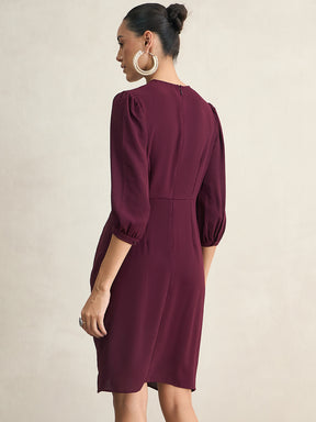 Wine Knotted Knee Length Dress