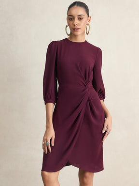 Wine Knotted Knee Length Dress