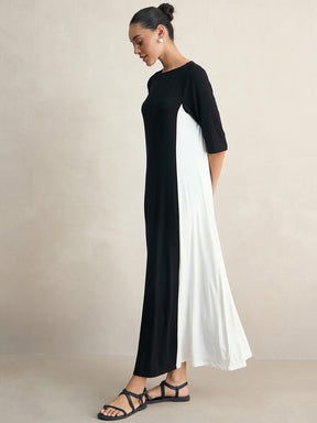 Black And White Cotton Knit Colorblock Maxi Dress