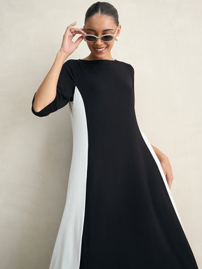 Black And White Cotton Knit Colorblock Maxi Dress