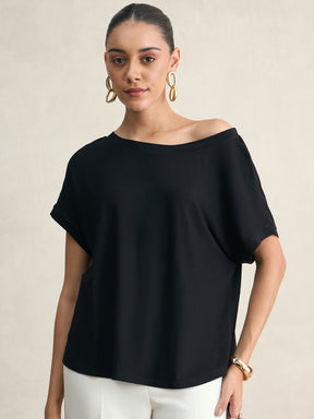 Bamboo Black Knit Off Shoulder Top