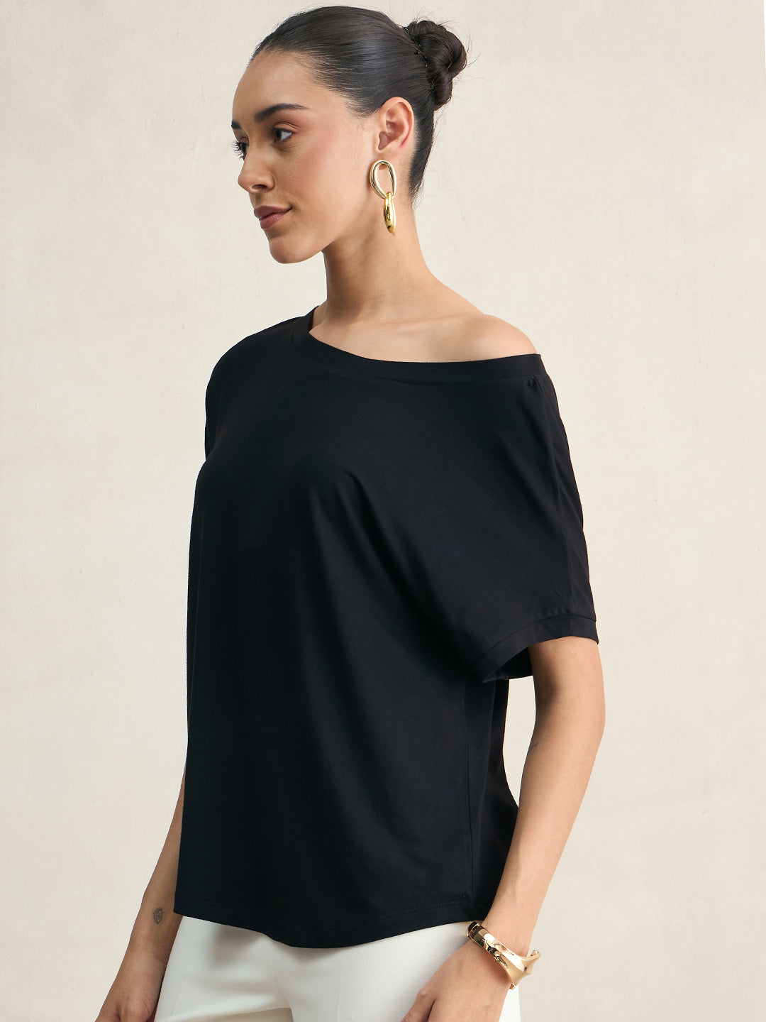 Bamboo Black Knit Off Shoulder Top