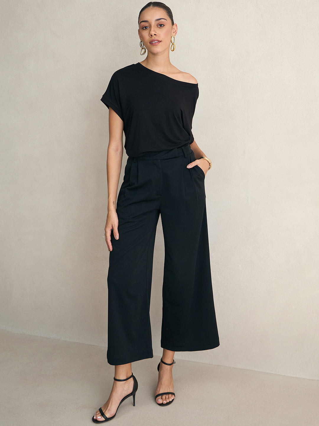 Bamboo Black Knit Off Shoulder Top