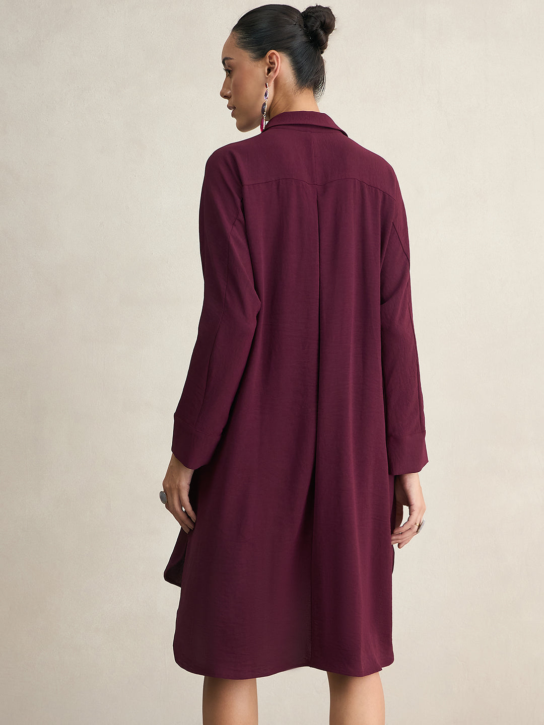 Wine Button Down Shirt Midi Dress