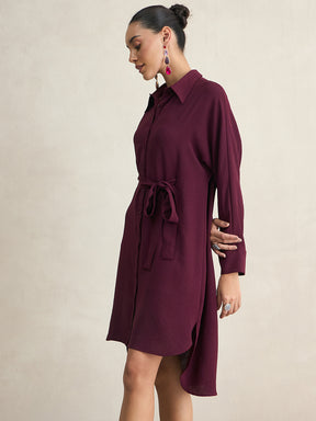 Wine Button Down Shirt Midi Dress