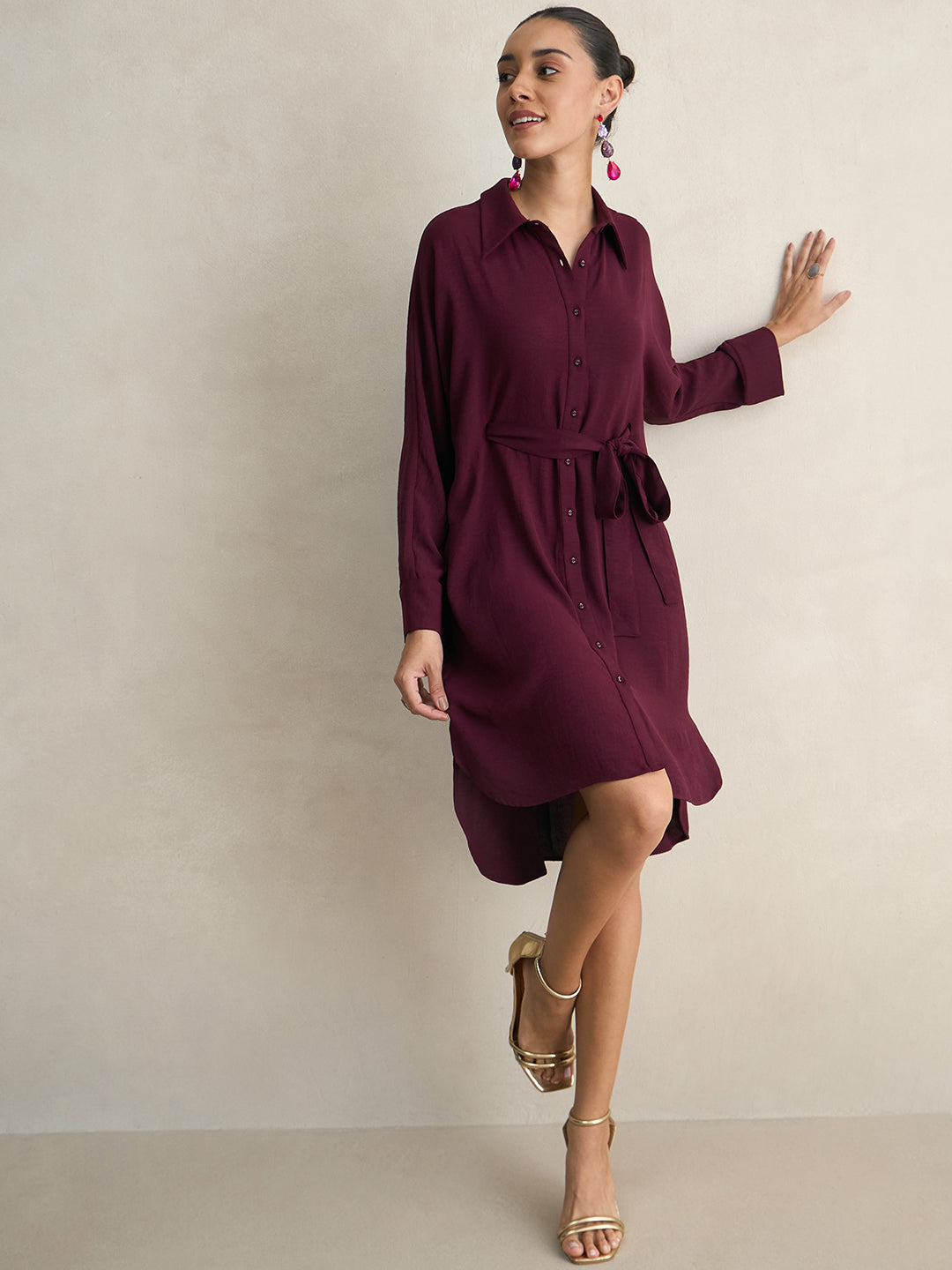 Wine Button Down Shirt Midi Dress