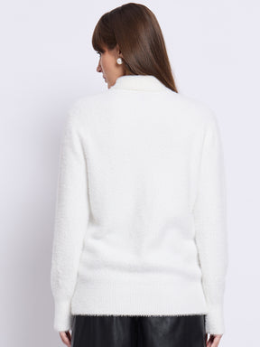 White Fur High Neck Sweater