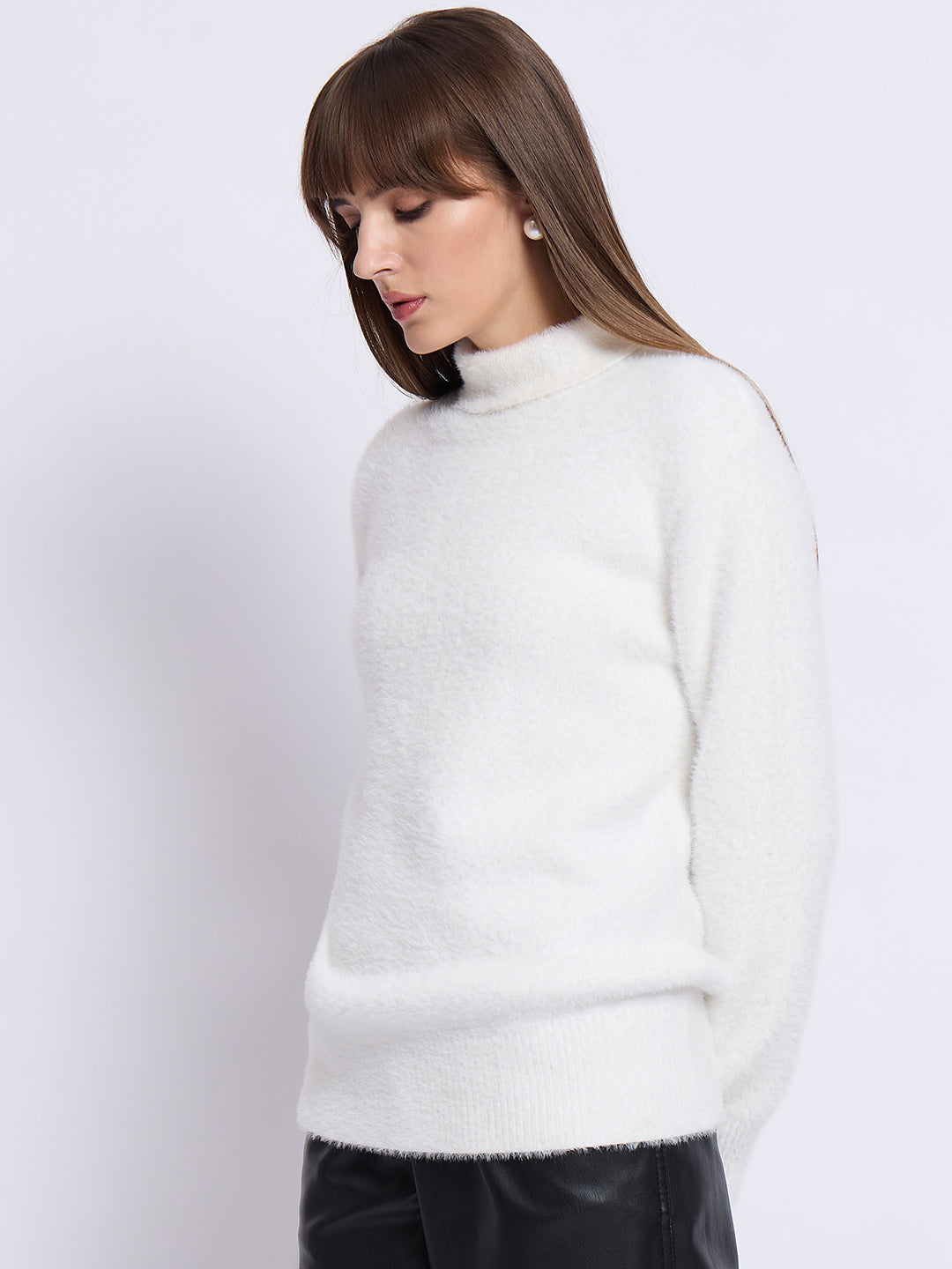 White Fur High Neck Sweater